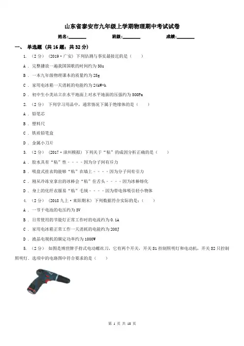 山东省泰安市九年级上学期物理期中考试试卷 2