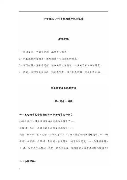 小学语文1-6年级阅读知识点汇总