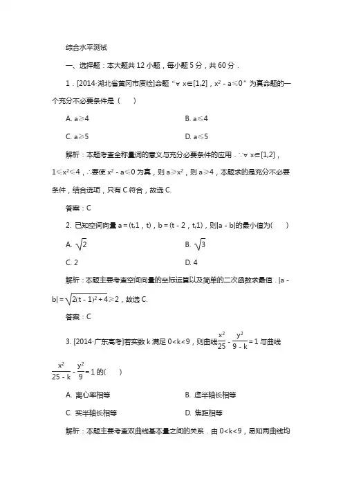 高中数学人教版选修2-1：综合水平测试 含解析
