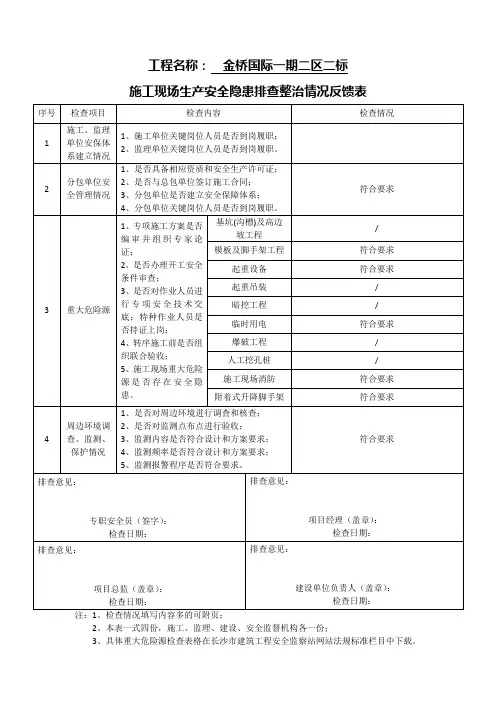 施工现场生产安全隐患排查整治情况反馈表