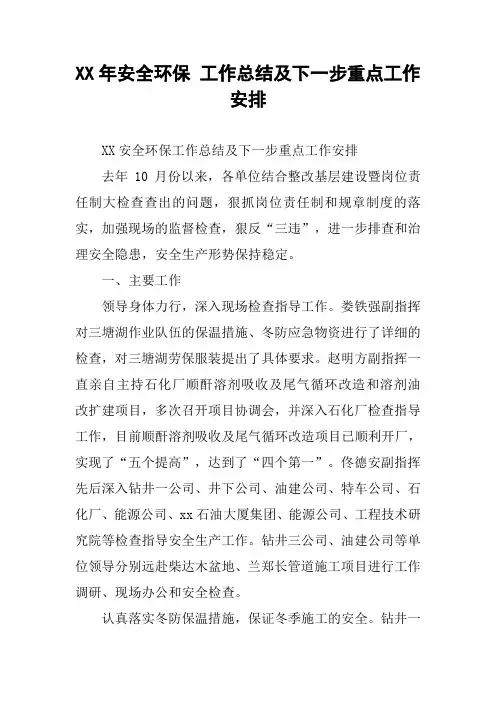 XX年安全环保 工作总结及下一步重点工作安排