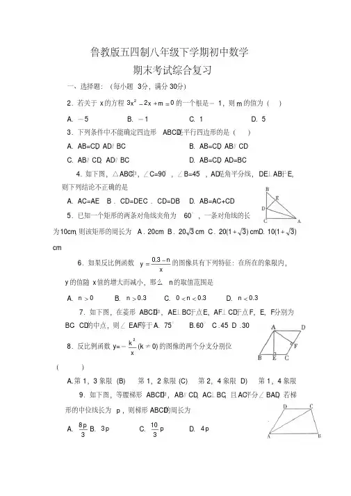 鲁教版五四制八年级下学期初中数学期末考试综合复习
