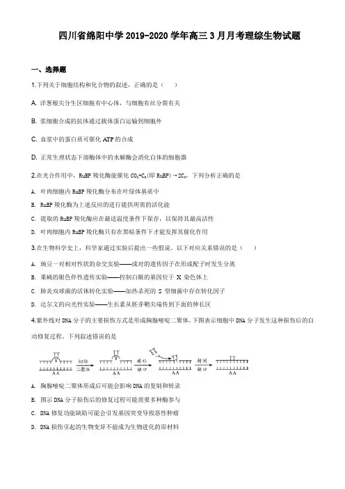 四川省绵阳中学2019-2020学年高三3月月考理综生物试题(答案解析版)