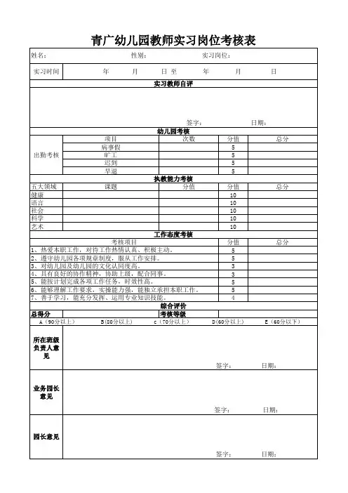 幼儿园教师实习考核表