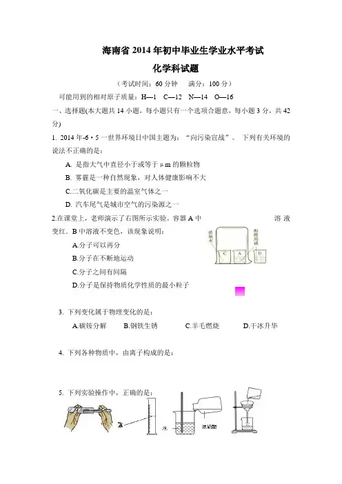 海南省中考化学试题及答案