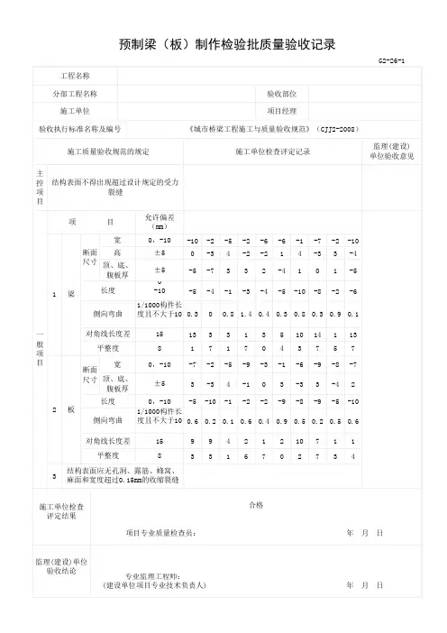 预制梁板制作检验批质量验收记录表