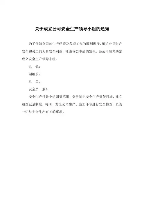 关于成立公司安全生产领导小组的通知