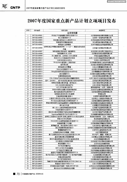 2007年度国家重点新产品计划立项项目发布
