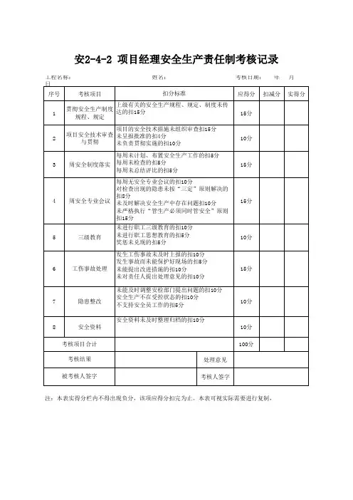 项目部管理人员安全生产责任制考核表
