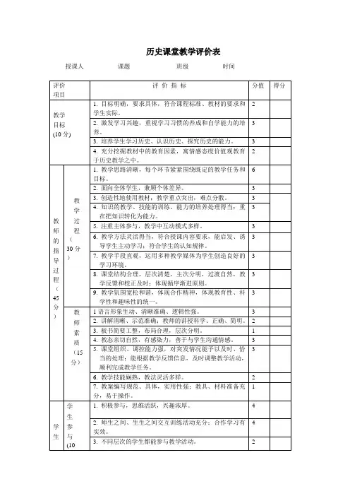 历史课堂教学评价表