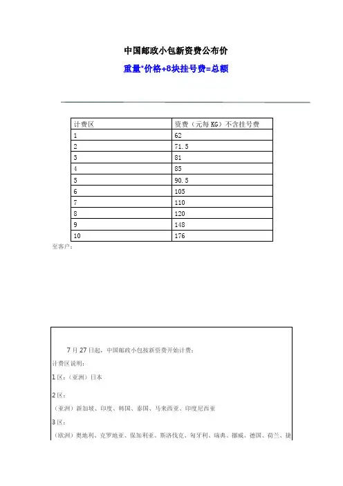 中国邮政小包新资费公布价