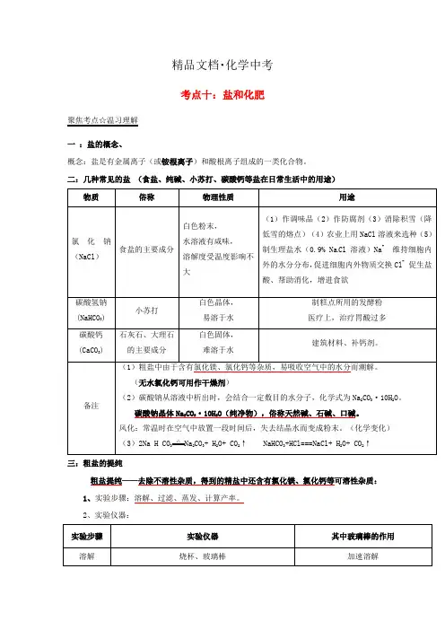 精修版-中考化学试题：专题(10)盐和化肥(含答案)
