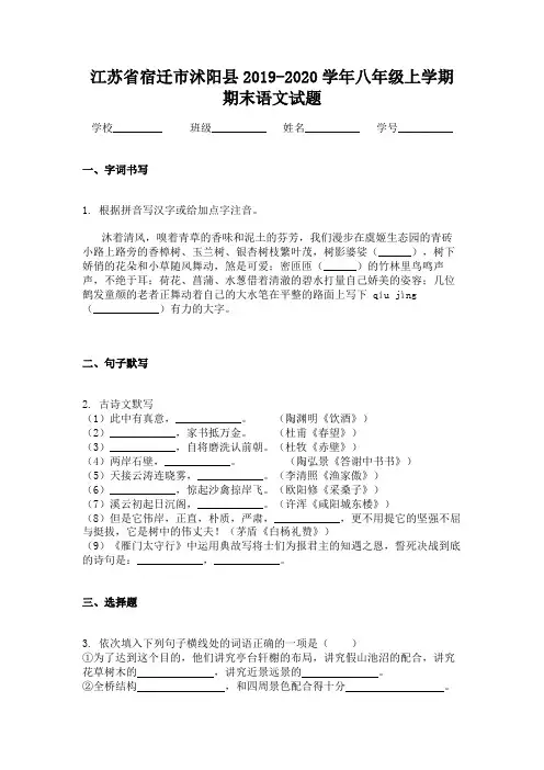 江苏省宿迁市沭阳县2019-2020学年八年级上学期期末语文试题