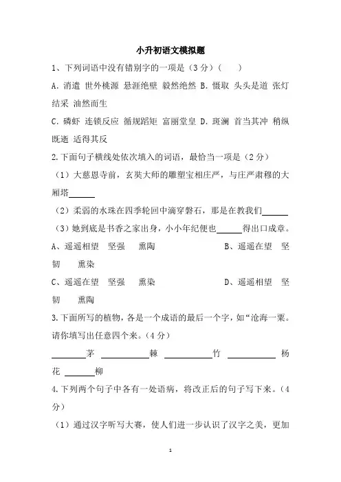 人教部编版2020小升初语文模拟试卷(含答案)