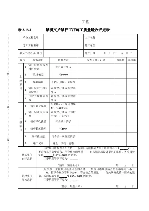 表3.13.1锚喷支护锚杆工序施工质量验收评定表