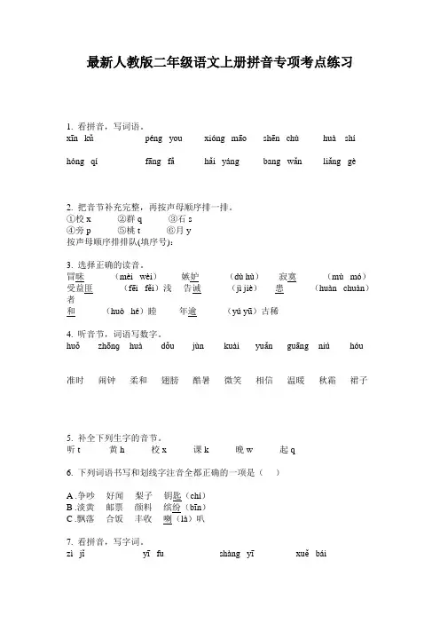 最新人教版二年级语文上册拼音专项考点练习