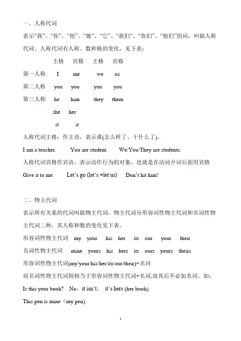 人称代词和物主代词练习题(简单)