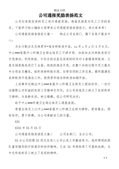 公司通报奖励表扬范文-0