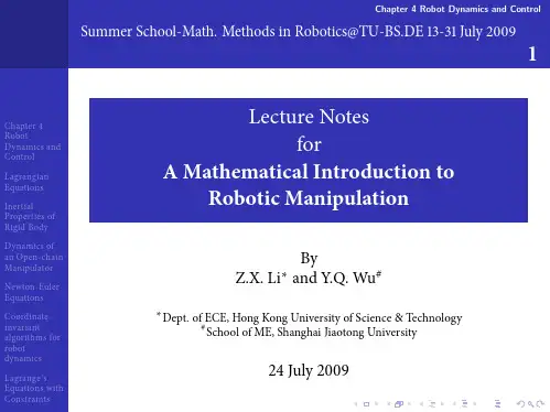 Lecture Notes for A Mathematical Introduction to Robotic Manipulation