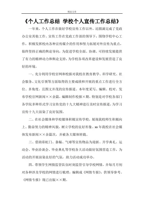 《个人工作总结 学校个人宣传工作总结》