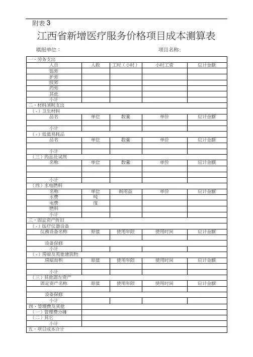 江西省新增医疗服务价格项目成本测算表