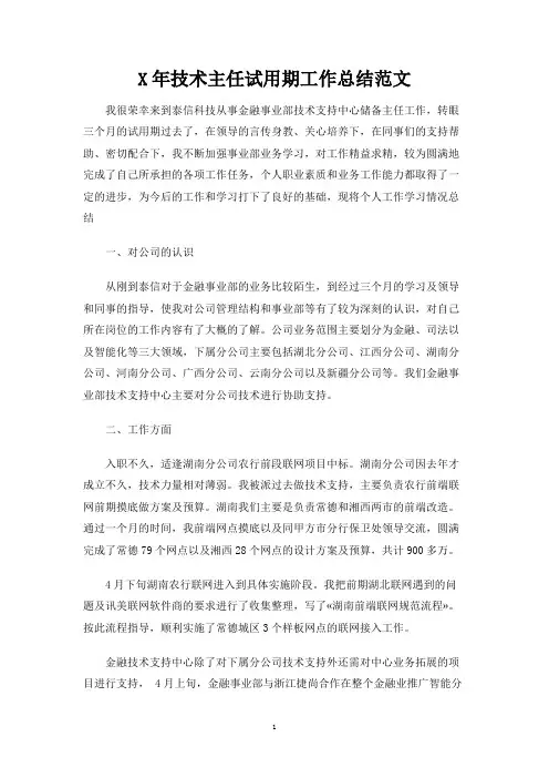 技术主任试用期工作总结报告范文