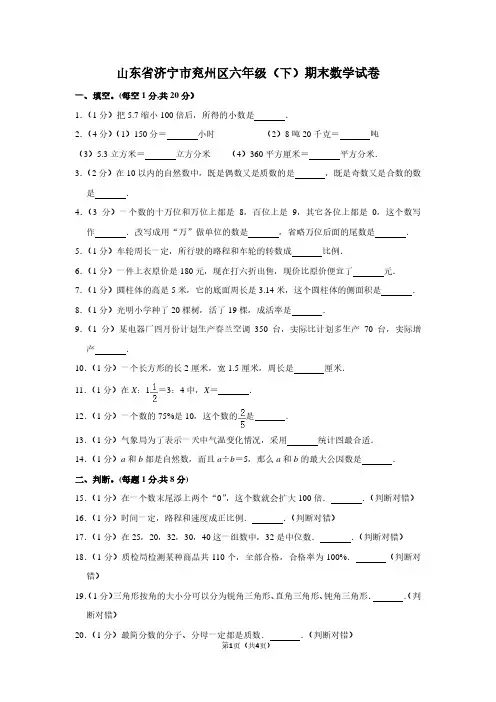 山东省济宁市兖州区六年级(下)期末数学试卷