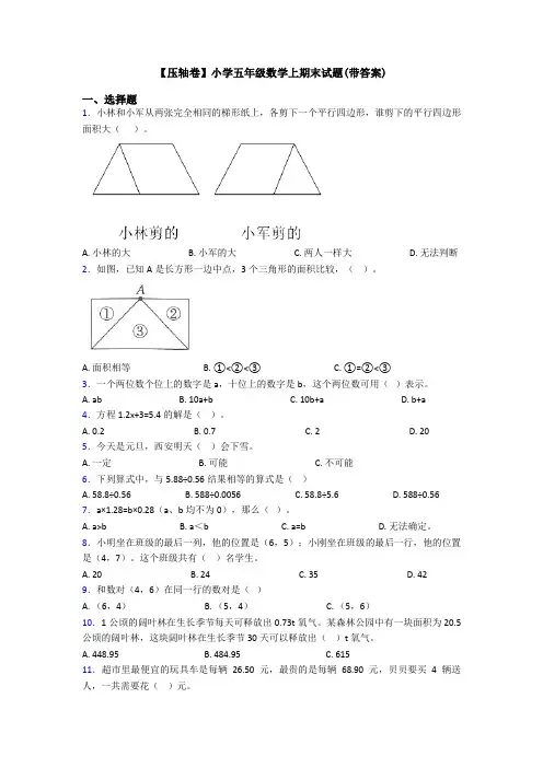 【压轴卷】小学五年级数学上期末试题(带答案)