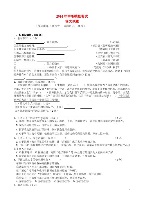 【新编】江苏省东台市实验初中九年级语文6月模拟试题