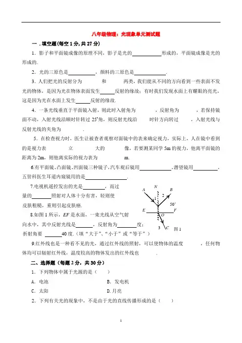 八年级物理：光现象单元测试题