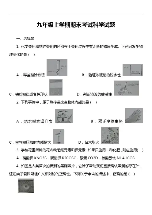 九年级上学期期末考试科学试题