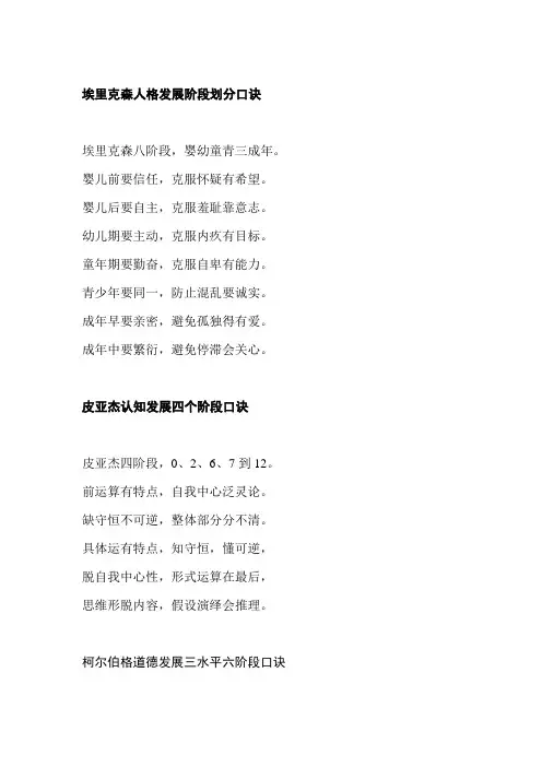 心理咨询师基础知识发展心理学【埃里克森人格发展阶段、皮亚杰认知发展、柯尔伯格道德发展】理论记忆口诀