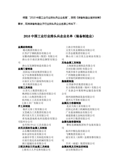2010中国工业行业排头兵企业名单装备制造业