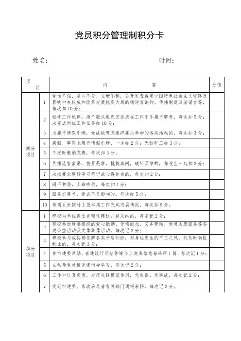 党员积分管理制积分卡
