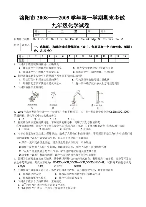 河南省洛阳市九年级化学第一学期期末考试试卷题