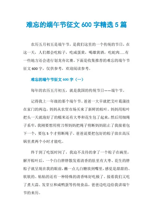 难忘的端午节征文600字精选5篇