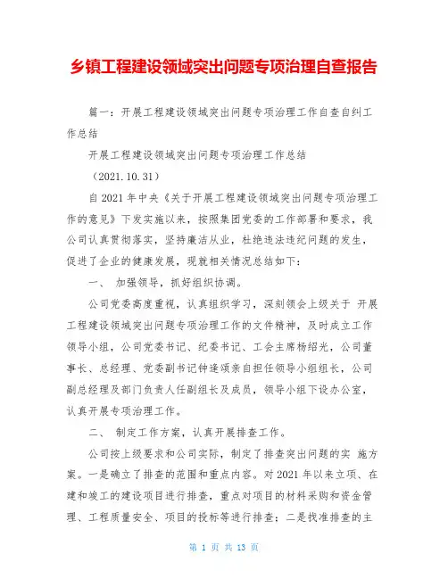 乡镇工程建设领域突出问题专项治理自查报告_1