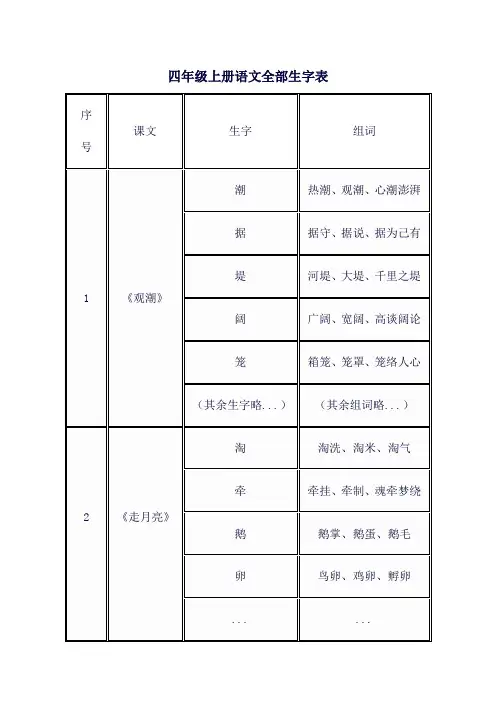 四年级上册语文全部生字表