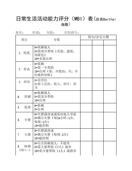 日常生活活动能力评分(MBI)表    (改良Barthel指数)