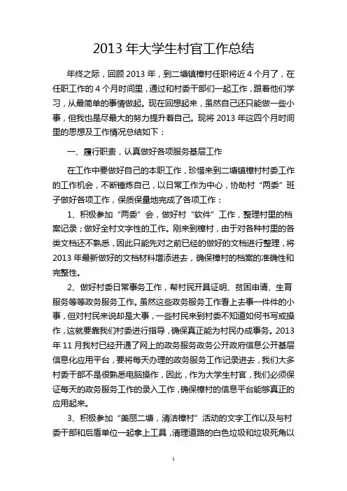 2013年度大学生村官年度工作总结