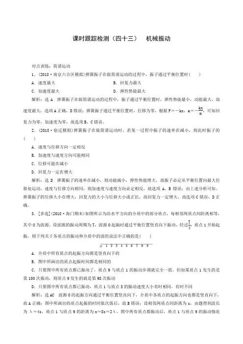 2019届高考物理一轮复习江苏专版：课时跟踪检测(43)机械振动