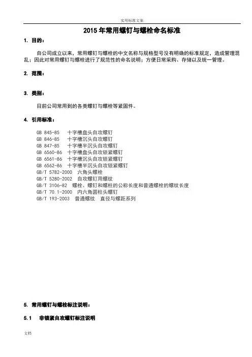 2015年常用螺钉与螺栓命名实用标准