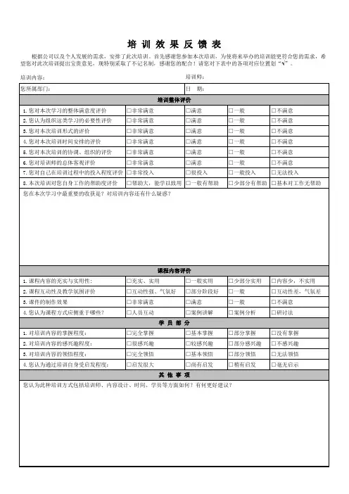 培训效果反馈表模板