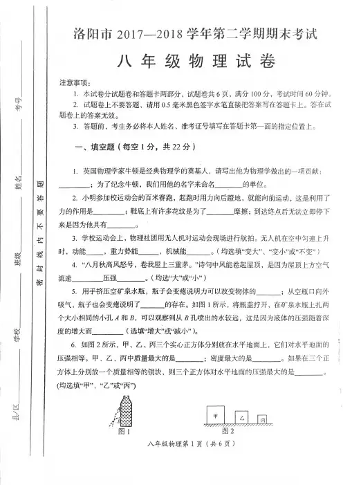【答案版】2017-2018学年洛阳市第二学期期末考试 八年级物理