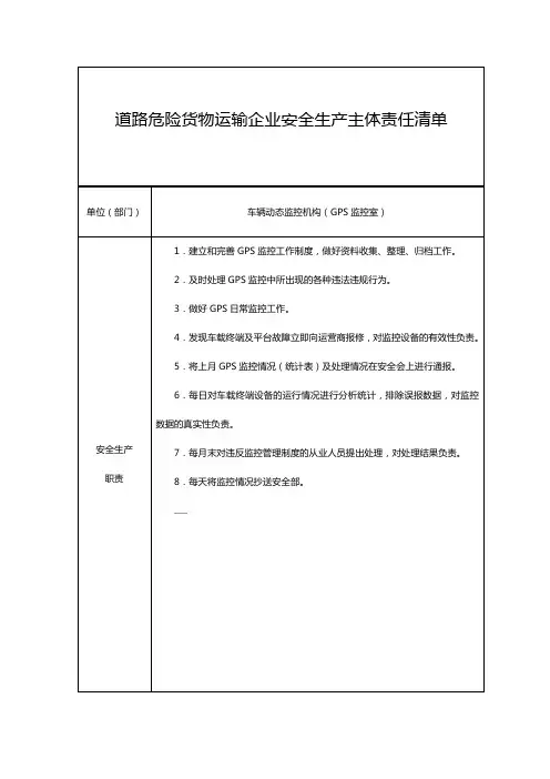 车辆动态监控机构(GPS监控室)主要职责