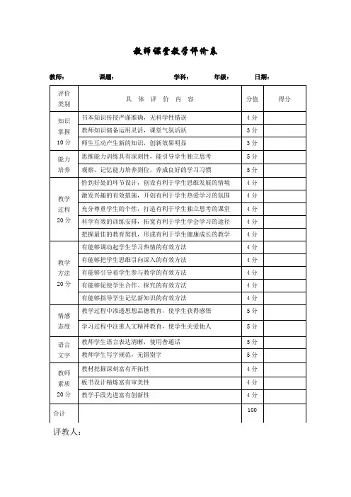 课堂教学评价表(量表)
