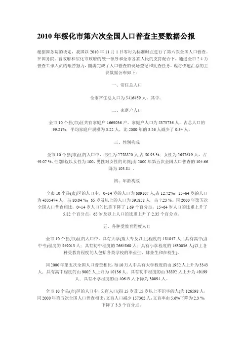 2010年绥化市第六次全国人口普查主要数据公报