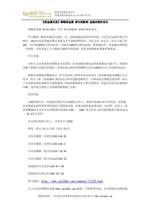 【贵金属交易】辞旧迎新刻 金银反弹好兆头