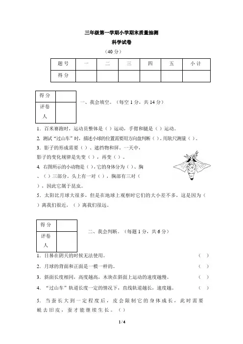 科教版三年级上册科学期末测试卷及答案