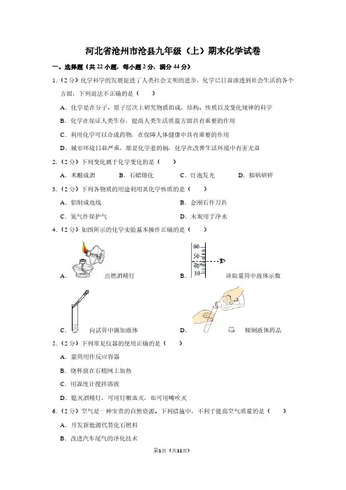 河北省沧州市沧县九年级(上)期末化学试卷